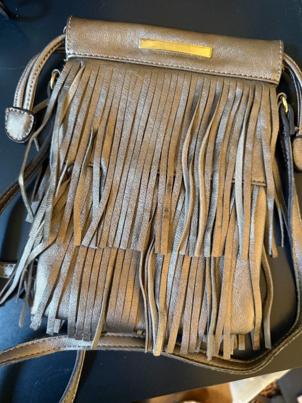 Pewter Faux Leather Fringe Bag